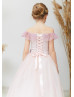 Off Shoulder Blush Pink Lace Tulle Corset Back Flower Girl Dress